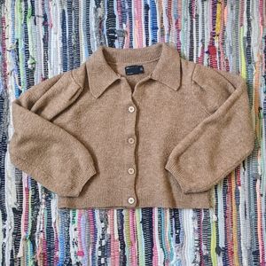 ASOS Design fluffy collared sweater with placket detail in camel US 4